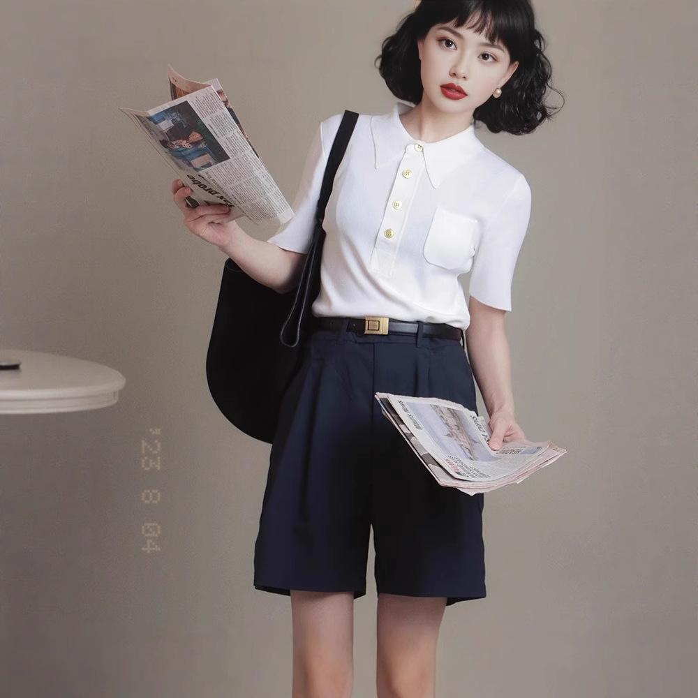 Polo Lapel Ice Silk Knitted Sweater Short-sleeved Women's Summer Thin and Thin Temperament Pocket T-shirt Versatile and Half, Cardigan