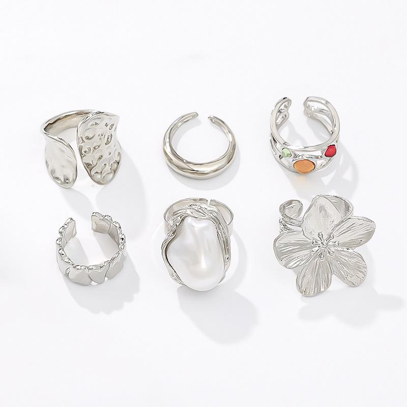  Liquid Lava Flower Open Ring Baroque Pearl Zinc Alloy Silver/Gold Light Luxury Fashionable Commuting Women's Ring