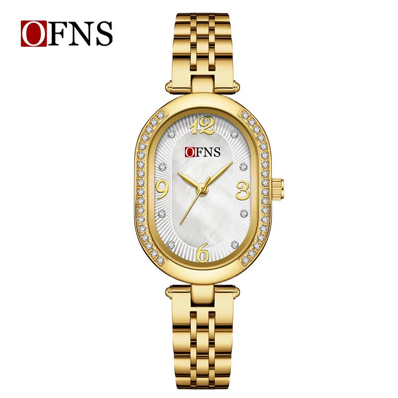Oufanni Women's Vintage-Style Diamond-Inlaid Oval Mother-of-Pearl Watch - Waterproof Quartz with Light Luxury Appeal
