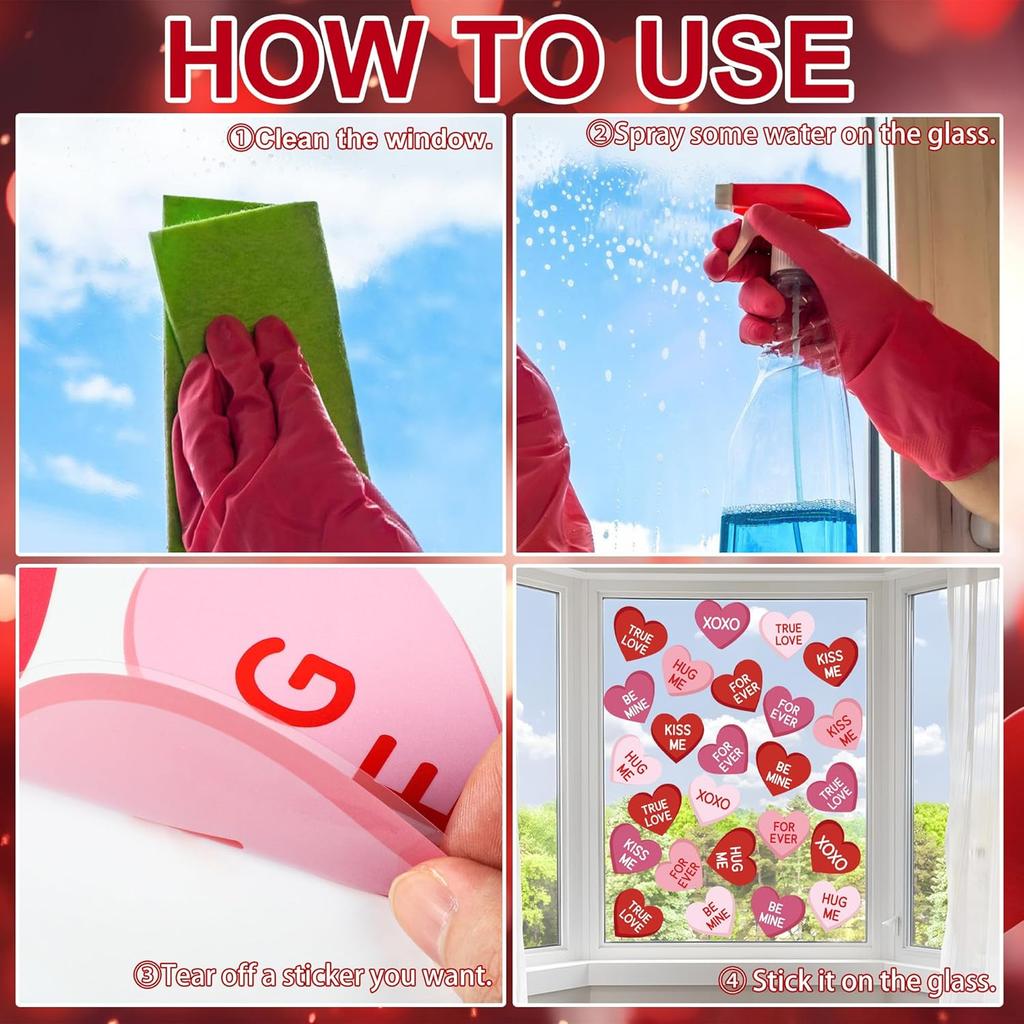 8 Sheets Valentines Day Heart Window Clings Red Pink Love Heart Window Stickers Double-Sided Conversation Hearts Windows Decals for Valentines