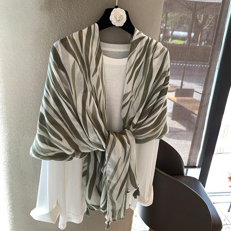 Silk Scarf Women's Summer Korean Version Versatile Thin Gauze Cotton and Linen Scarf Blue Feather Fringed Beach Towel Sun Protection Shawl