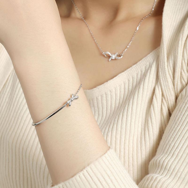 925 Silver Bow Bracelet Shiny Zircon Christmas Gift for Women Party Jewelry Elegant Birthday Present