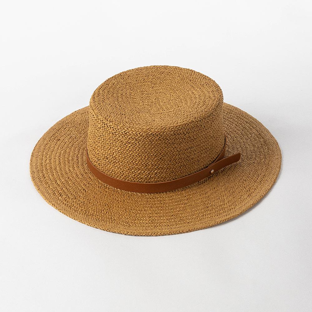 Spring and summer new fashion belt buckle paper grass wide brim flat top straw hat women outdoor shopping shade straw hat tide