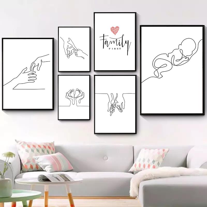 Linea astratta mamma bambino mano cuore minimalista arte murale tela pittura nordica poster e stampe quadri da parete decorazioni per la camera dei bambini