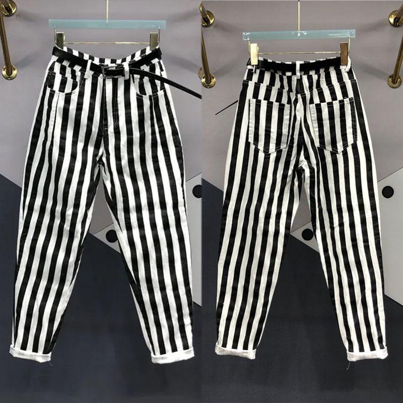 

Women s European Style Black & White Striped High-Waisted Plus Size Slim-Fit Denim Harem Pants - Autumn 2025 Collection 2XL (116-125 jin)