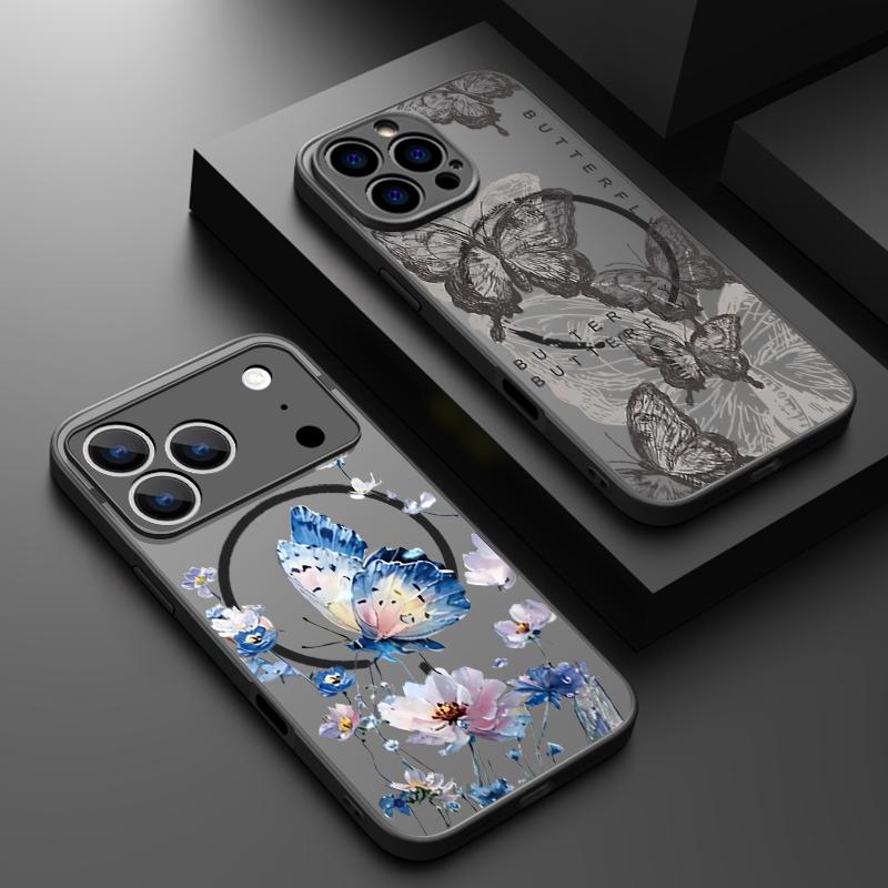 Creative Butterfly Flowers Pattern Case For iPhone 17 Pro Max Magnetic For Magsafe Matte Cover For iPhone 16 Pro Max 15 14 13 16E Air