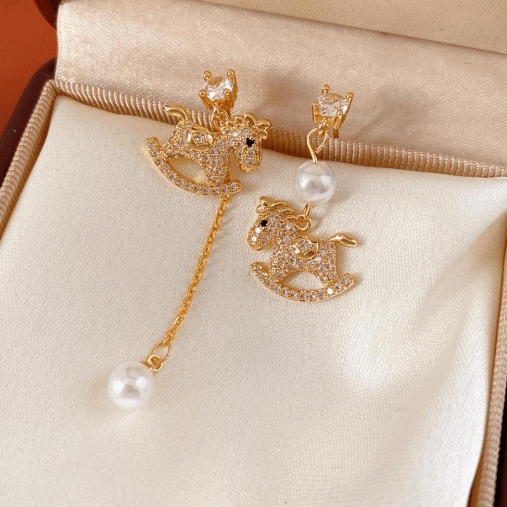 Cartoon Horse New Year Horse Earrings Zircon Horse Mascot Drop Earrings Gold Pony Earrings Women