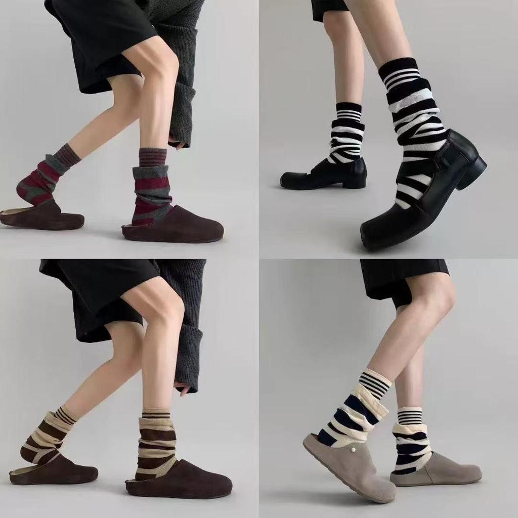 Korean-Style Cotton Mid-Calf Flared Striped Socks - Women's Fashionable Double-Layer Slouchy Design