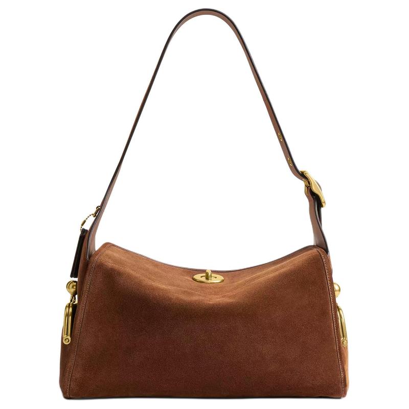 Coach Originals 36 Gold Hardware Suede and Calfskin Shoulder Bag Large Women's Warm Brown