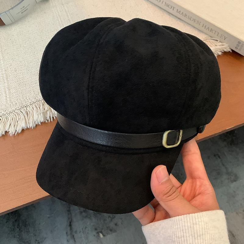 New Fashion Retro British Style Spring Autumn Suede Beret Women'S Versatile Octagonal Newsboy Cap For Big Head Circumference Hat