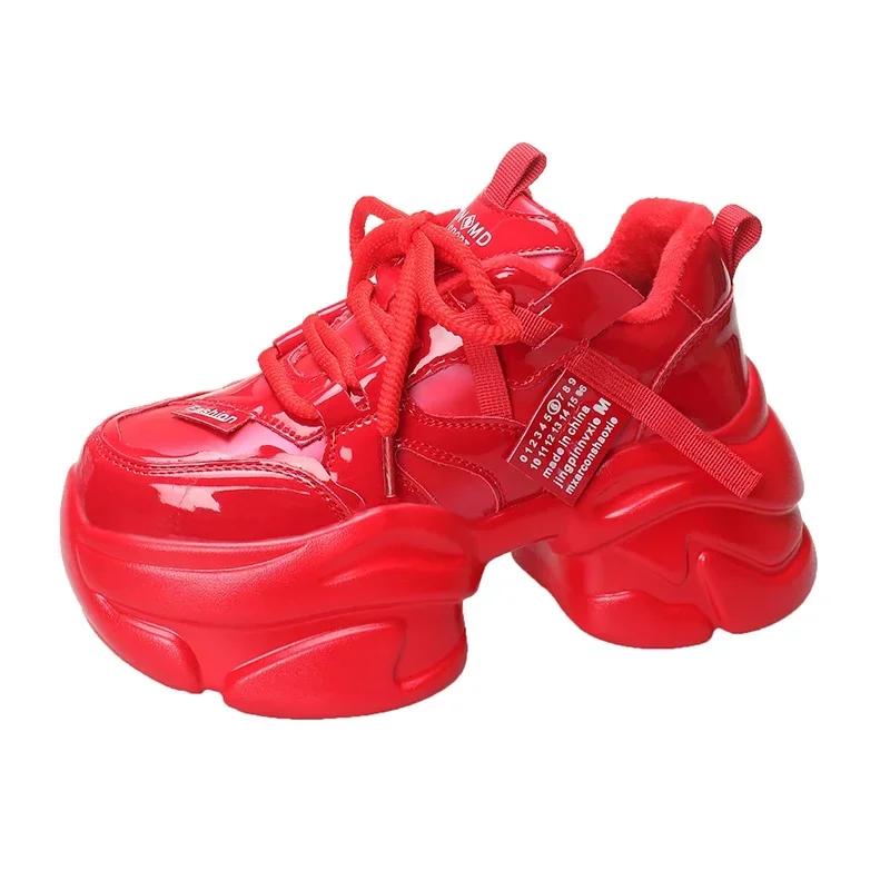 Móda Nové Dámské Jarní Podzimní Robustní Tenisky 8CM Silná Podrážka Kožené Boty Vysoká Platforma Vulkanizované Červené Boty Ležérní Sportovní Boty