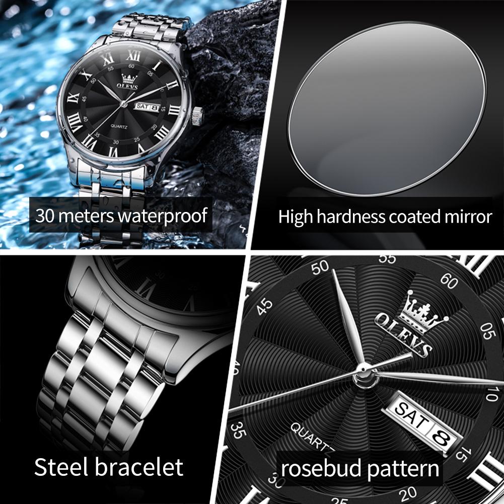 Elegant Men's Watches Stainless Steel Waterproof Dual Calendar Retro Roman Numeral Scale Original Quartz Watch