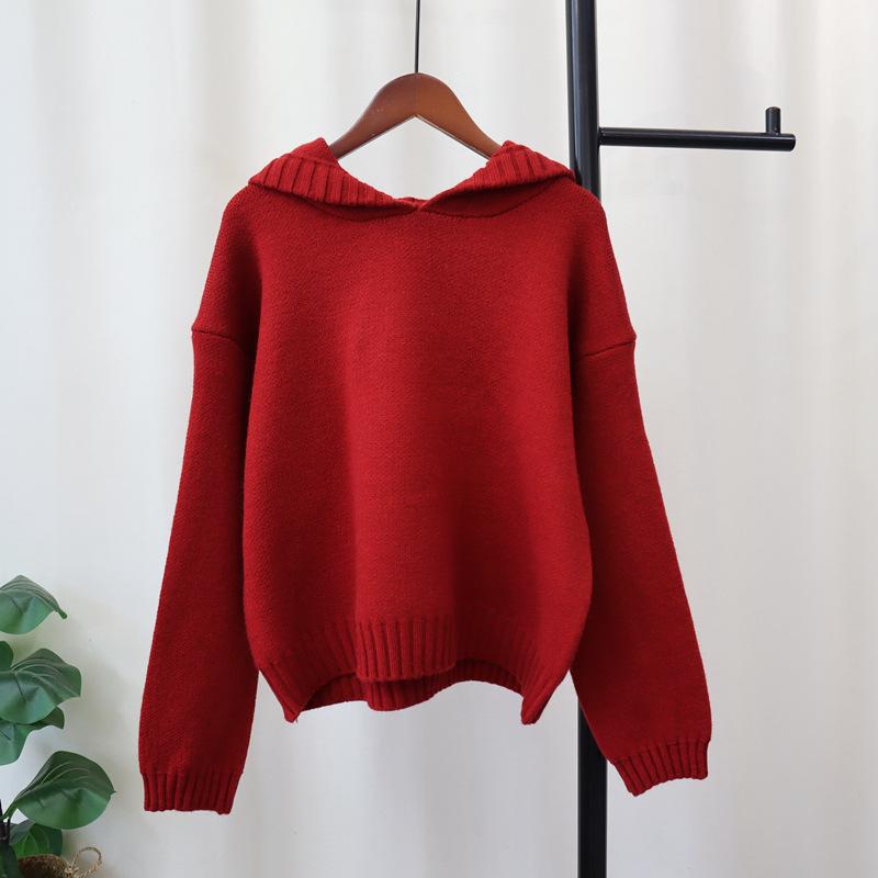 Thickened Hooded Knitted Sweater Top Autumn and Winter New Simple Style Solid Color Loose and Thin Sweater Pullover Woman