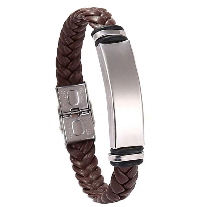Titanium Steel Engraved Bangle with European-American Leather and Stainless Steel Woven Design