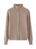 Women's Button-Up Rolled Edge Cashmere Cardigan with Half-High Collar