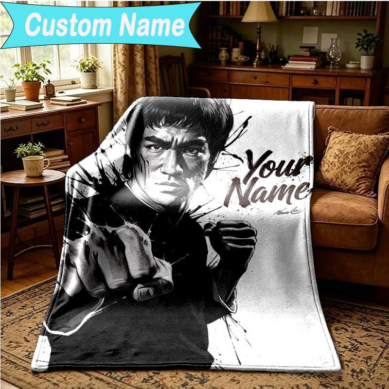 1PC Custom Name Blanket Dynamic Bruce-Lee Pose Flannel blankets Patterns Throw Blanket All-Season Soft Gift for Couch, Bed, Camping, Birthday gifts