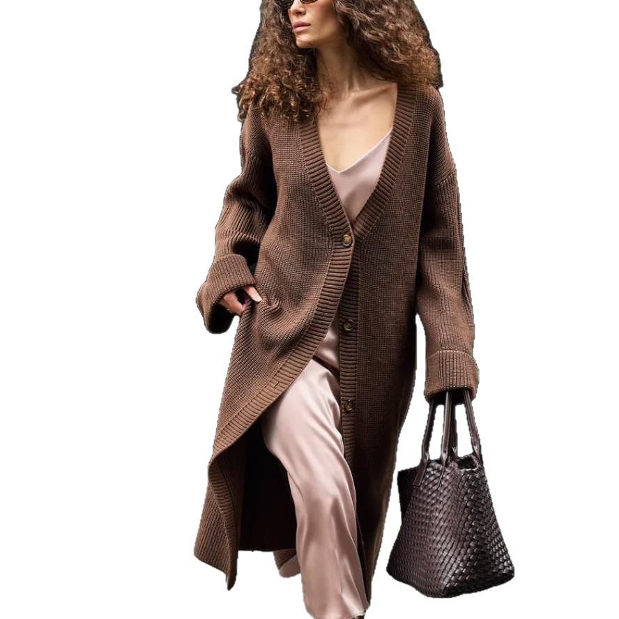 Europe, America autumn and winter women's clothing extended cardigan knitted sweater solid color casual loose jacket sweater