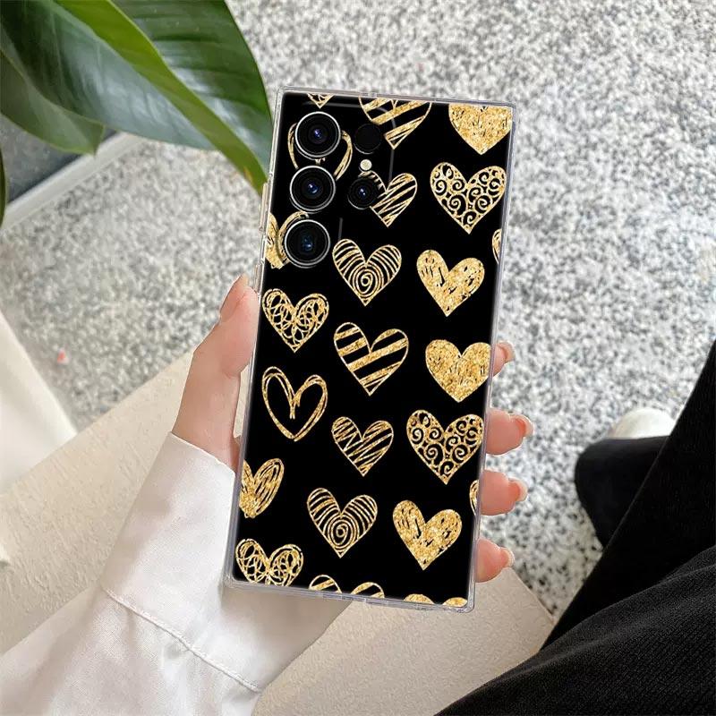 Gold Pink Rose Glitter Hearts Phone Case For Samsung S24 S23 Ultra S22 S20 Plus S21 FE Clear Cases Cover Galaxy S24Ultra Fundas