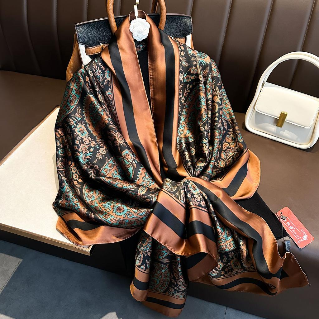 Coffee Color Large Silk Soft Scarf Women Stylish Print Long Shawl Handkerchief Summer Elegant Travel Wrap Hot 180x90cm