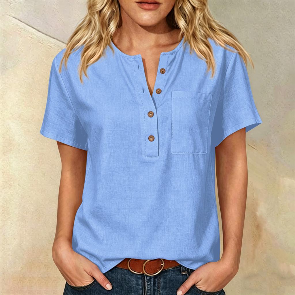 Women Henley Button Neck Short Sleeve Cotton Linen Shirt with Chest Pocket Loose Fit Casual Top for Daily Office Wear