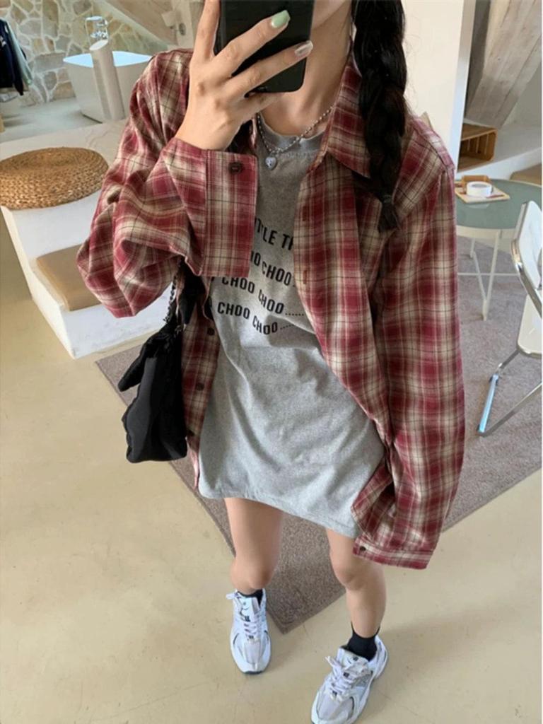 Women's Red Plaid Loose-Fit Long Sleeve Shirt - Korean Style Casual Sun Protection for Spring/Summer
