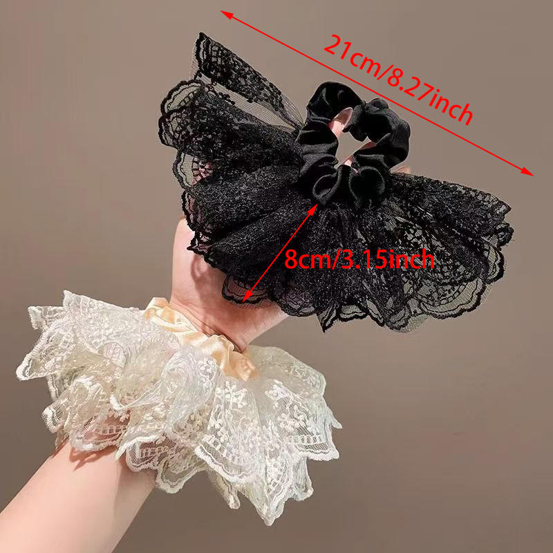 Sweet Double Layered Lace Flower Hair Scrunchies For Women Long Ribbon Bow Tie Girls Big Ruffles Bands Accessorie