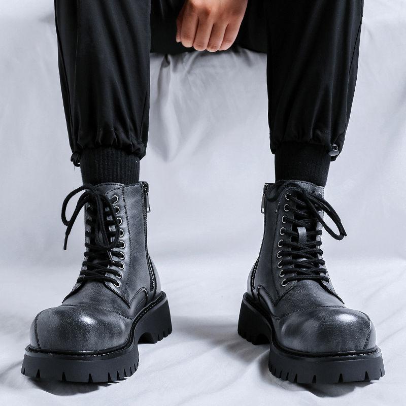 Reißverschluss High Top Herren Grau Britischer Cowboy Leder Hohe Sohle Herrenschuhe Mittelhoch Lokomotiv-Tooling Sneakers Stiefel