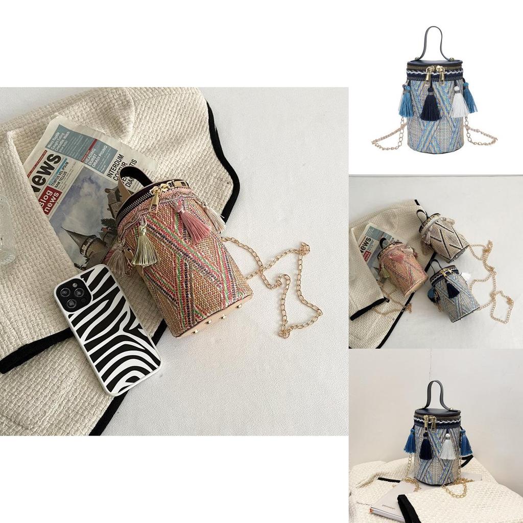 Stylish Round Box Bag For Women In Ethnic Design Soft Weave With Tassel Detail