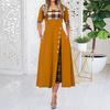 Women's Plaid Patchwork Round Neck Half Sleeve Side Button Split Loose Long Maxi Dress