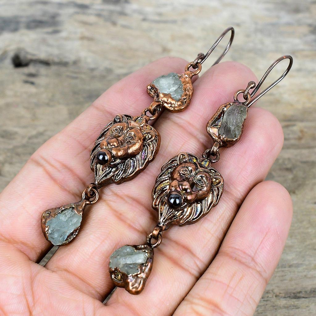 Aquamarine Rough Earring Electroformed Copper Earrings Gemstone Handmade Jewelry Lion Face Earring Beautiful Copper Jewelry Gifts for Mother