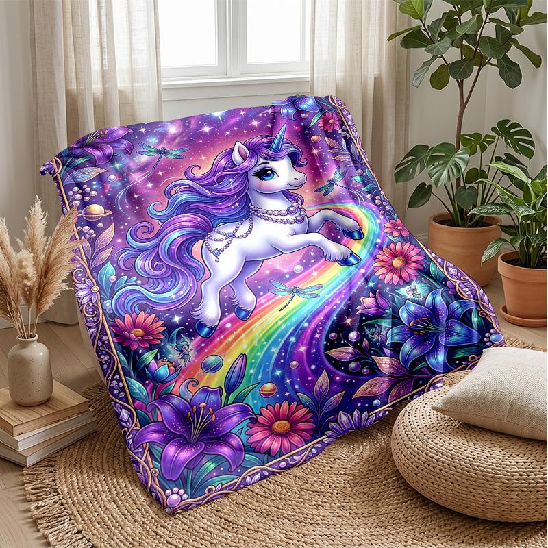 Fantasy Unicorn Rainbow Theme Blanket Lightweight Warm Flannel Blanket Decorative Throw Blanket for Home Decoration