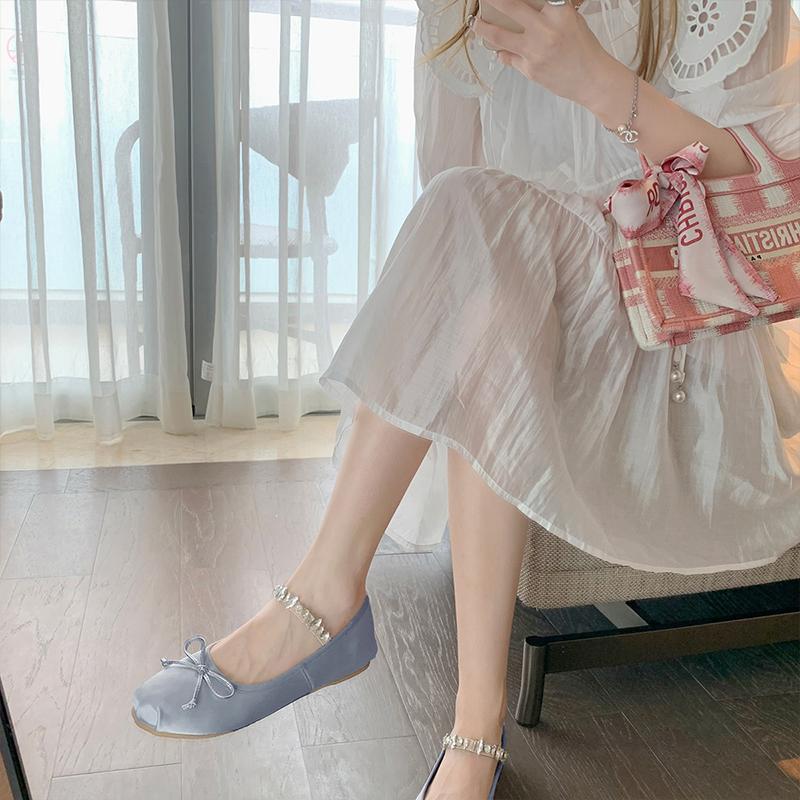 ~ Diamond strap sheepskin bow single shoes round head ballet Mary Jane shoes