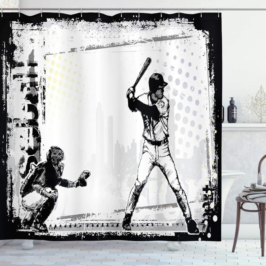 Baseball Shower Curtain Baseball Glove Sports Theme Polyester Fabric Bathtub Screen Home Decor Bathroom Curtains Set with Hooks