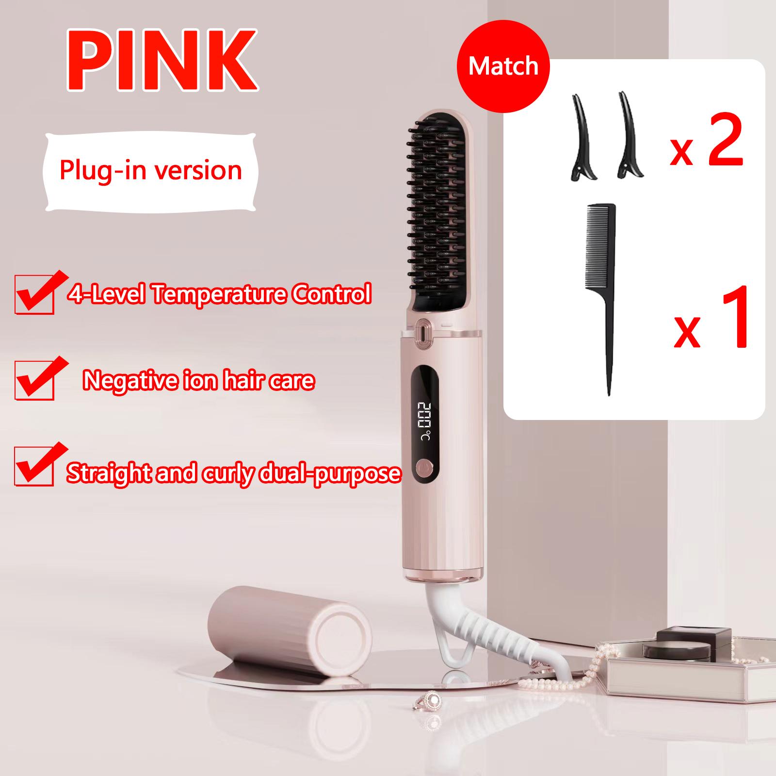 

Hair Straightening Brush 4 Temperature Settings Ceramic Heated Hot Brush Portable Straightener Comb Negative Ion Styling Tool EU рожевий