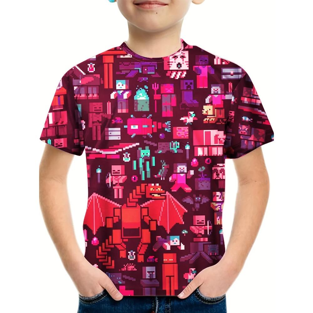 Tricou cu mânecă scurtă și gât rotund pentru băieți, imprimat 3D cu model arhitectural creativ pentru copii