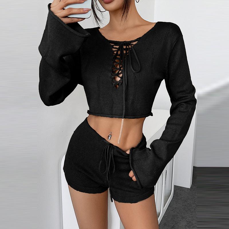 Casual Knit Shorts Suits Women O Neck Long Sleeves Bandage Tops Sets Female Spring Summer Lady Beach Sets 2 Pieces