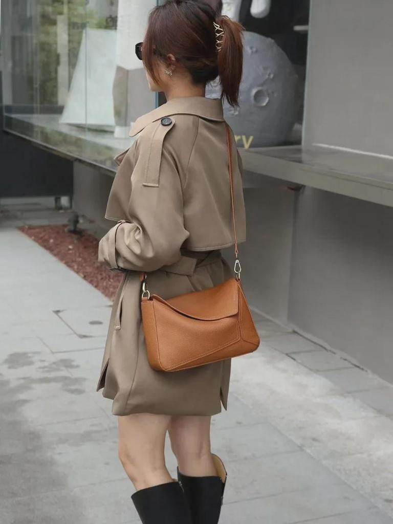 Women's Geometric Leather Shoulder Bag, TOGO Cowhide Pillow Messenger 6408