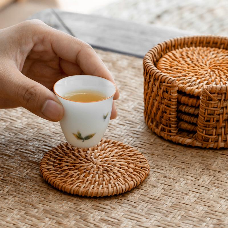 20cm Circular Hollow Rattan Woven Coaster Household Kitchen Table Tea Tray Heat-Resistant Clay Pot Mat -1pcs