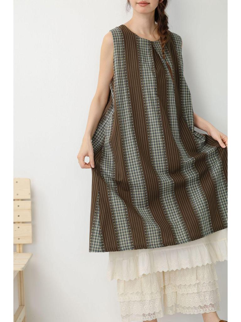 Spring-Summer Retro Jacquard Plaid Stripe Double-Layered Loose Sleeveless Vest Dress
