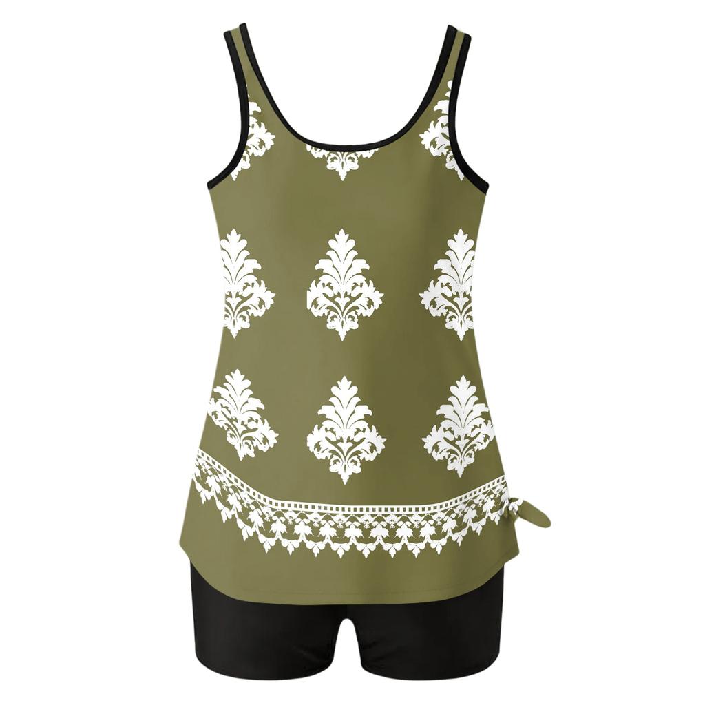 Tankini Swimsuits for Women Two Piece Modest Blouson Bathing Suit with Shorts Printed Full Coverage Swimwear