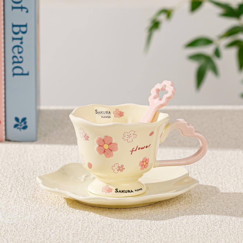 Kirschblüte hochwertiger Kaffeetasse Mädchen Trinkbecher mit Untertasse niedlicher Wasserbecher Haushaltsset kleines Geschenk Tasse