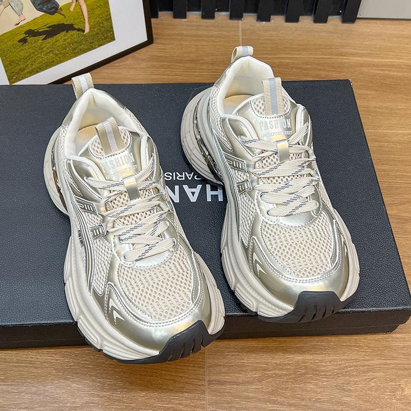 

European station thick-soled heightening dad shoes women s 2025 early spring new leather mesh breathable casual sports women s shoes 40 шампанського