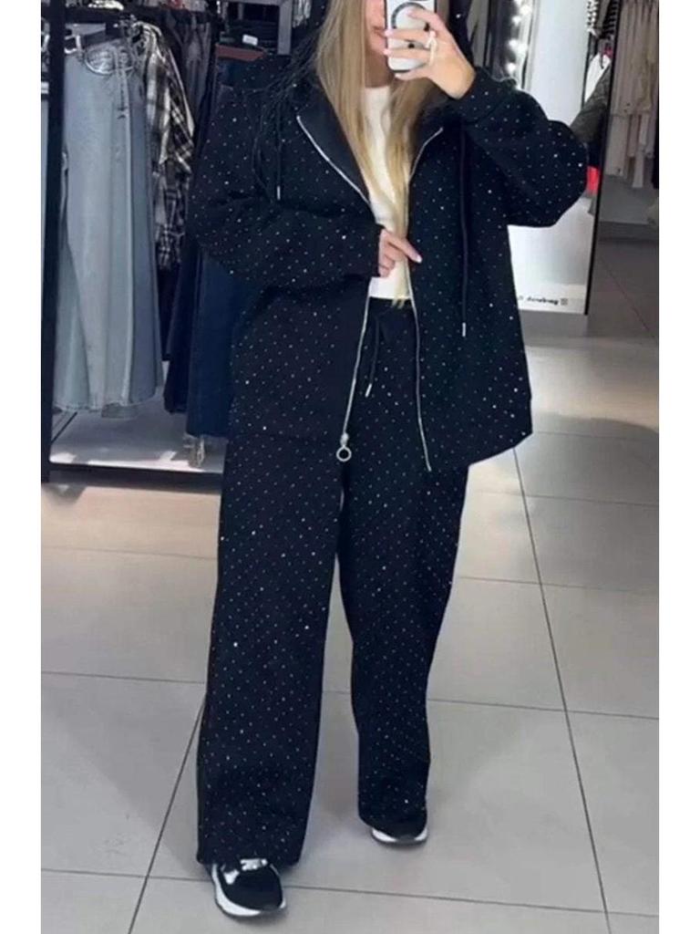 Conjunto Casual de Duas Peças Outono/Inverno Feminino Europeu/Americano 2025: Gola Redonda, Manga Longa, Com Furos Quentes, Punho Ajustável com Cordão no Tornozelo.