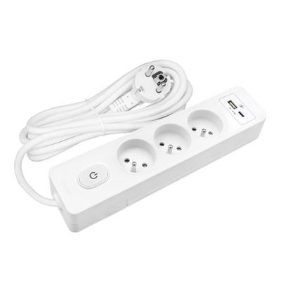 SELDUR G3FU32B Power Strip, 3 Type E Sockets + Switch, USB A+C Standard Charging 12W, White, 3m Cable