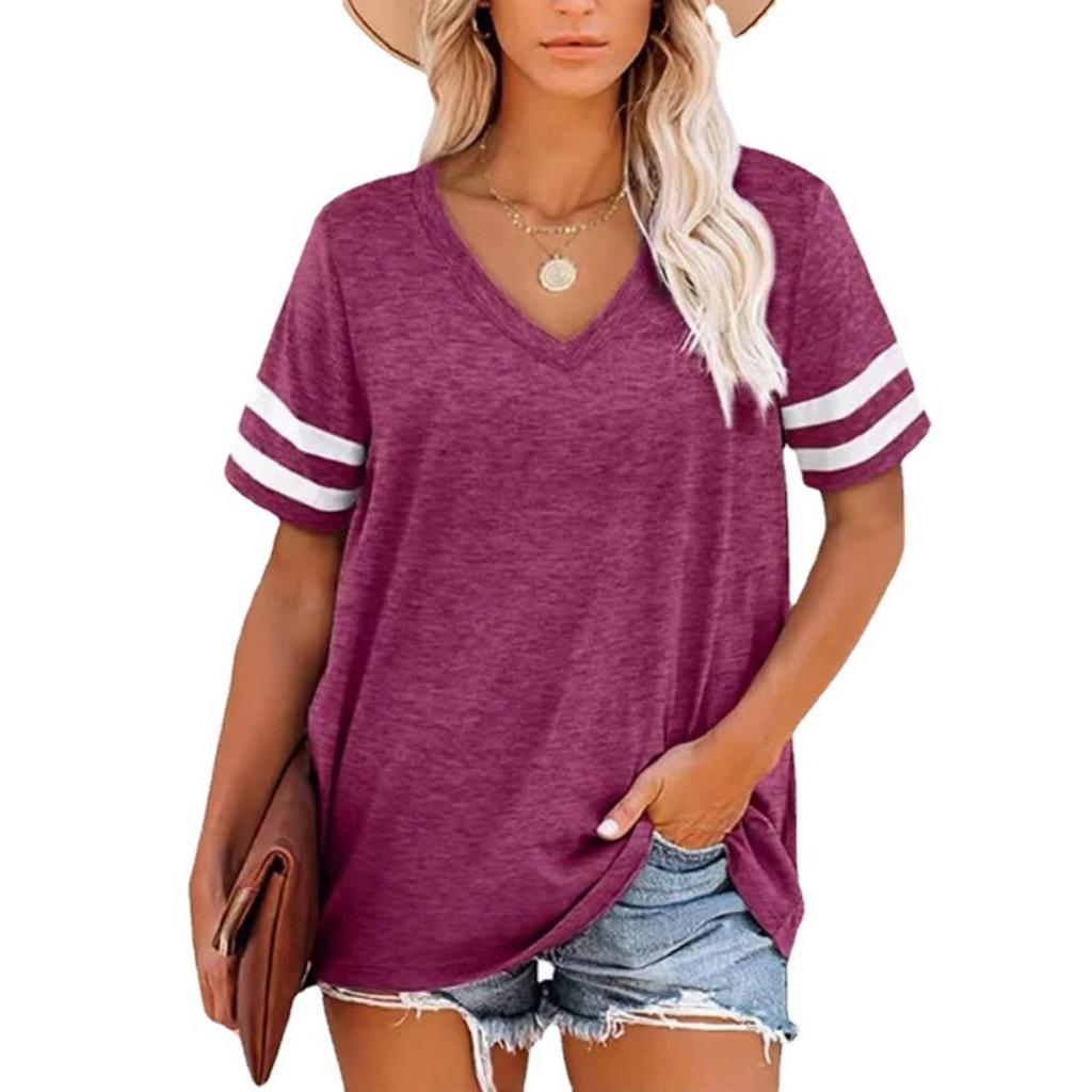 Sommer Neues Damen V-Ausschnitt Gestreiftes Lockeres Kurzarm T-Shirt Lässiges Oberteil für den grenzüberschreitenden Handel