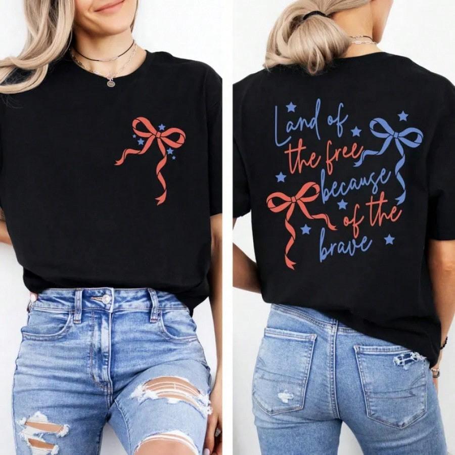 Land Of The Free Because Of The Brave Shirt, Coquette Bow 4th Of July Tee L