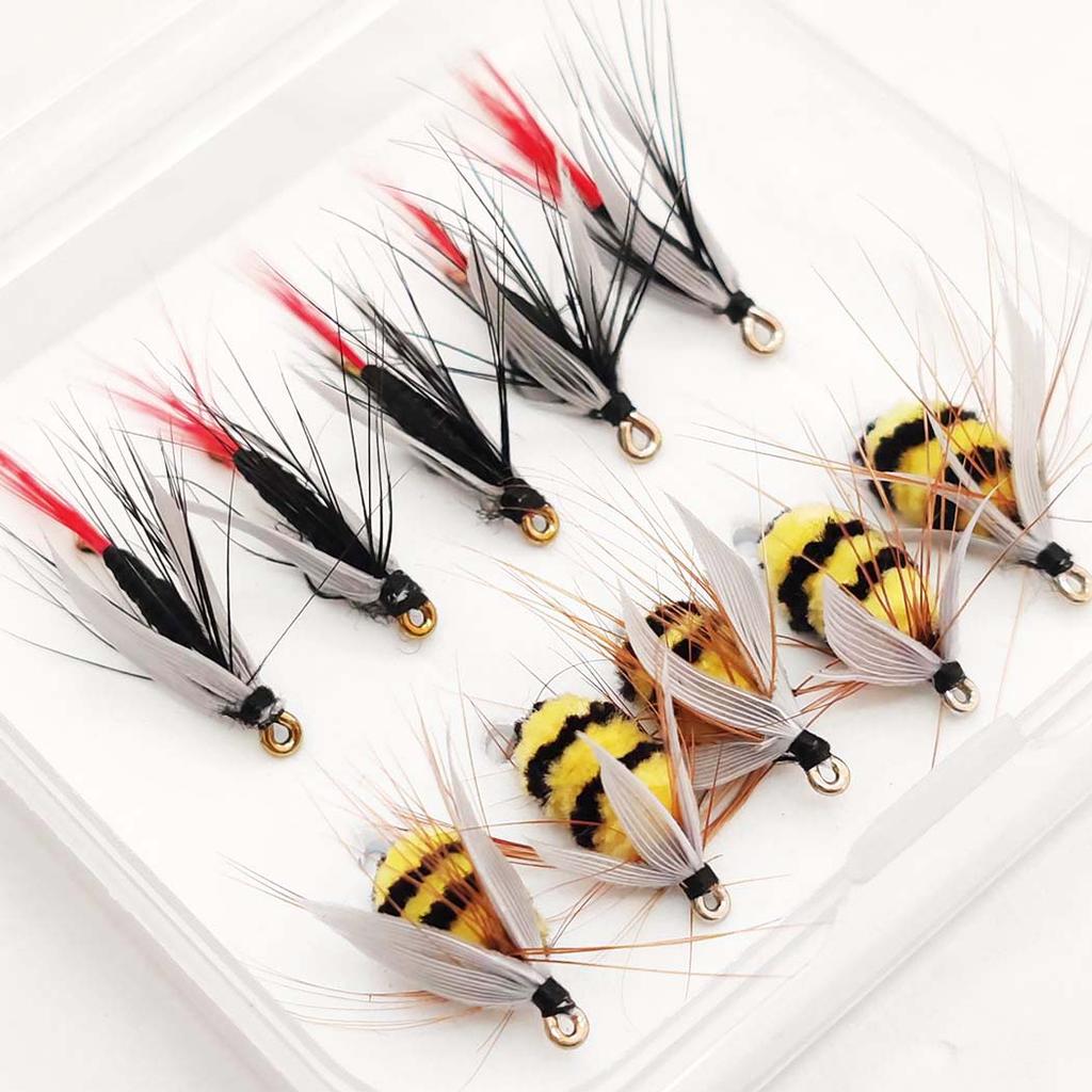 Artificial Tussock Red Tail Moth Bait & Bumble Bee Dry Fly Bait -Mixed Styles Artificial Fishing For Trout/Bass/Salmon/Perch/Carp Bait -6/10Pcs/Box