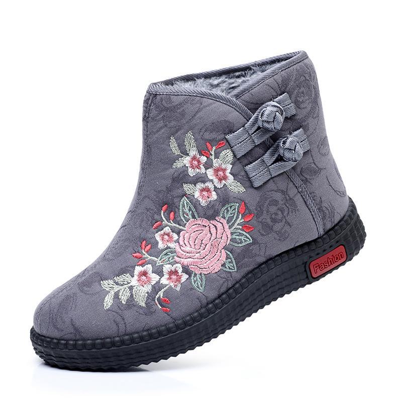 Bottes hautes brodées: Chaussures chaudes, antidérapantes et à semelles souples en coton pour personnes âgées - Style ethnique, parfaites pour l'hiver