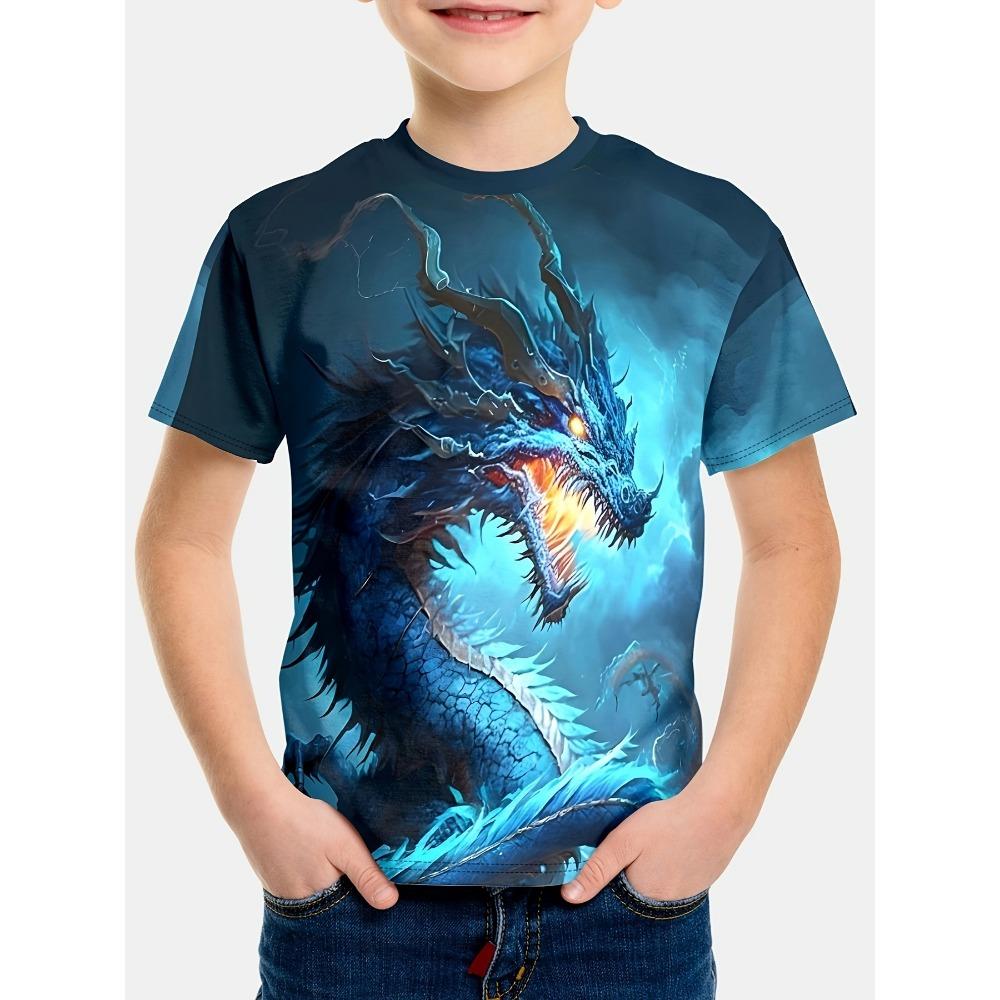 

Дитячий одяг Футболки для хлопчиків з коротким рукавом Дитяча футболка Стильний 3D графічний принт дракона Повсякденний літній одяг для дівчаток Топи 100