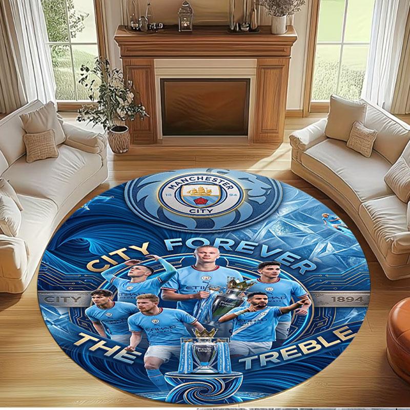 Okrągły dywan z nadrukiem Manchester City FC, Zmywalny dywanik podłogowy, Do przedpokoju, akademika, pralni, biura, gabinetu, Dekoracja domu, Prezent urodzinowy, świąteczny